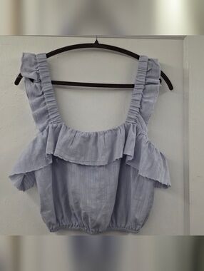 Show Me Your Mumu Ruffle Crop Top Blue Wide Strap Smocked Boho Medium